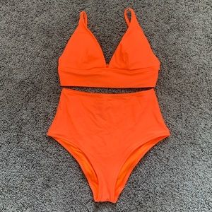 Aerie Neon Orange Triangle Swimsuit & High Waisted Bottoms